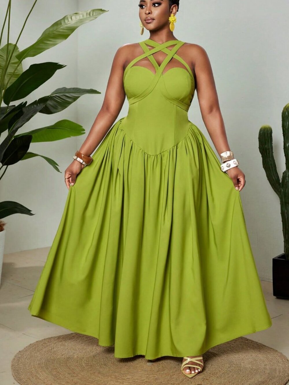 green Womens Plus Size Elegant Sexy Spaghetti Strap Sleeveless Flowy maxi Dress